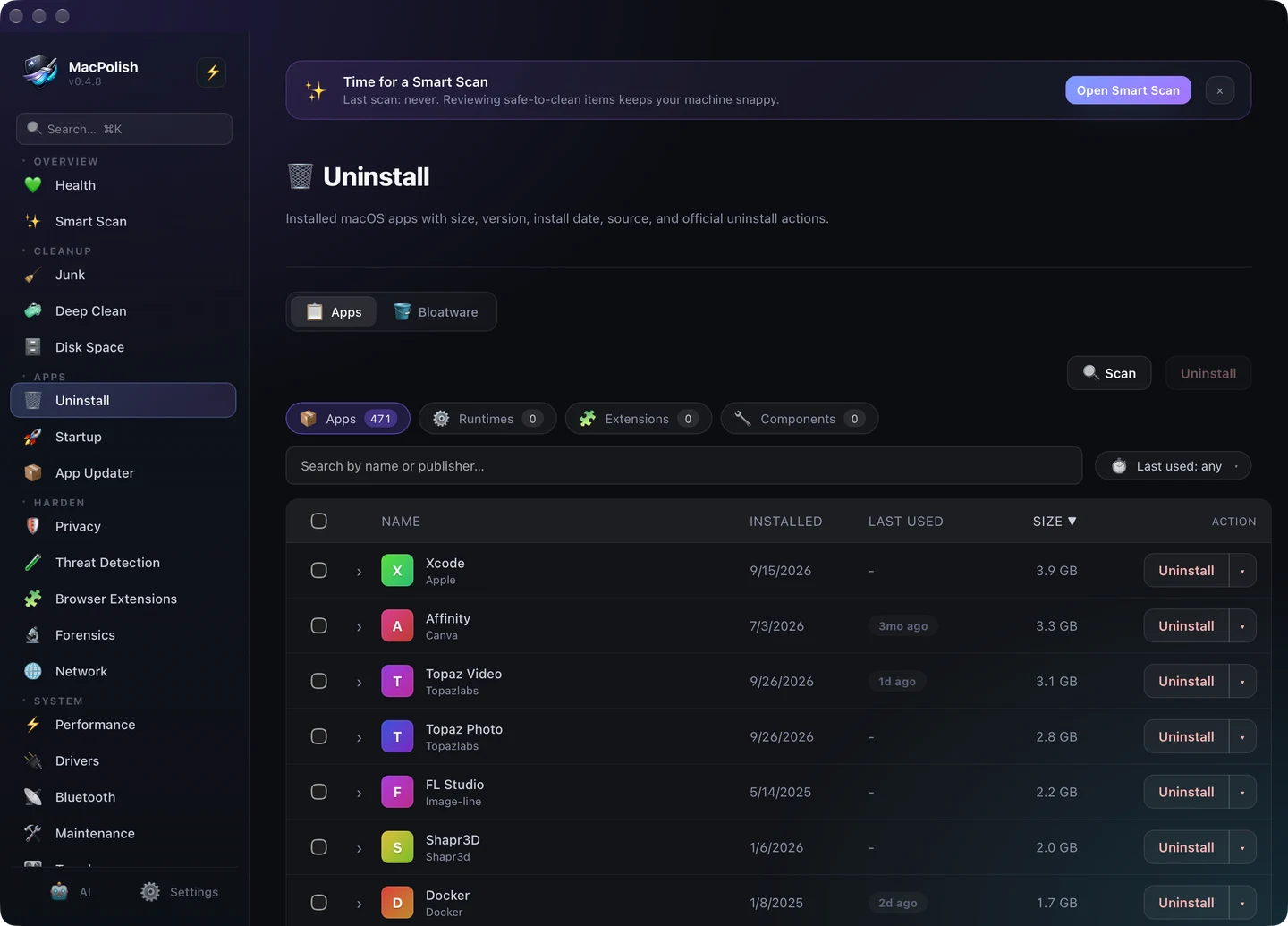 MacPolish 0.4.8's Uninstall workspace with its actual application inventory, from the signed customer release.