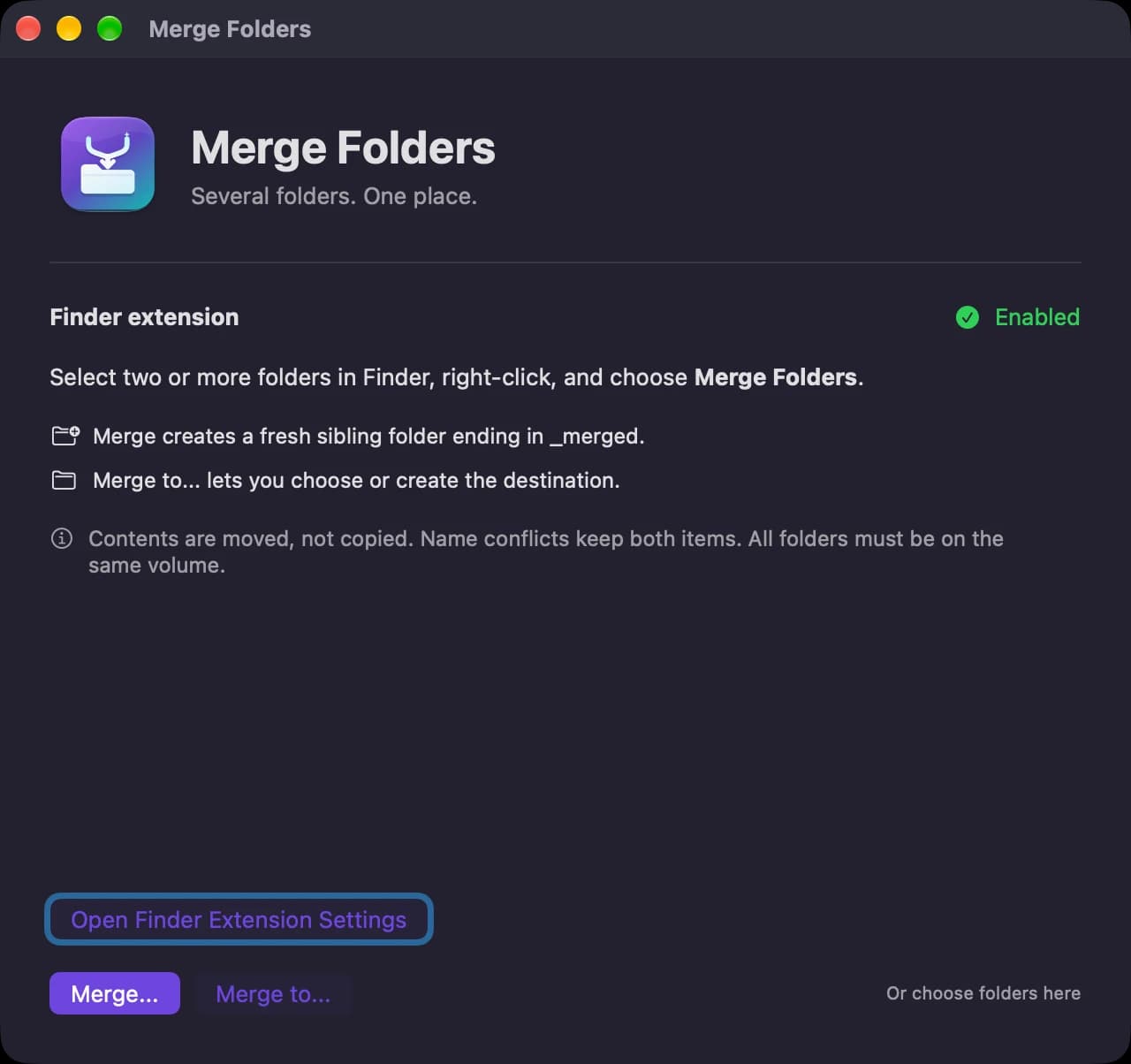 Merge Folders 1.0.0's setup with its Finder extension and merge controls. Version 1.1.1 adds product-key activation.