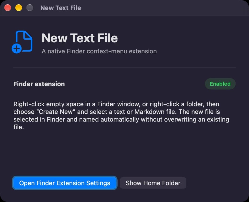 New Text File 1.1.1's setup with its Finder extension enabled. Version 1.2.1 adds product-key activation.