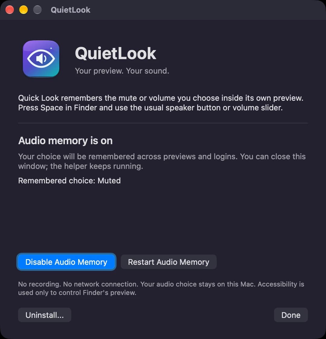 QuietLook 1.2.1's setup with audio memory enabled and a remembered mute choice. Version 1.3.0 adds product-key activation.